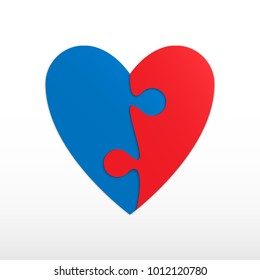 Heart of two pieces of a puzzle. Two red and blue piece puzzle heart. Icon vector illustration.