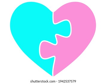 El corazón de dos acertijos -azul y rosa- es un símbolo de dos mitades. Amor y relaciones tradicionales monógamas entre un hombre y una mujer. Símbolos de San Valentín.