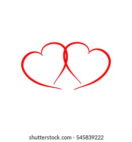 Heart two ribbon isolated. Red sign on white background. Romantic silhouette symbol linked, join, love, passion and wedding. Colorful mark of valentine day. Design element. Vector illustration