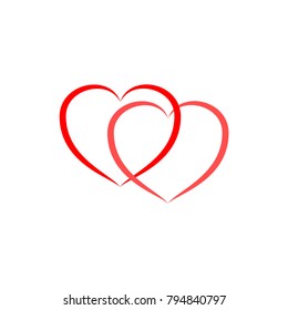 Heart two sign. Red card on white background. Romantic silhouette symbol linked, join, love, passion and wedding. Colorful modern mark of valentine day. Design element. Vector illustration