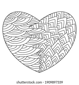 Heart with two types of patterns, zen coloring page with simple angular and rounded lines illustration for creativity