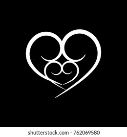 Heart two white sign on black background. Romantic symbol linked, join, love, passion and wedding. Template for t shirt, apparel, card, poster. Design element of valentine day. Vector illustration