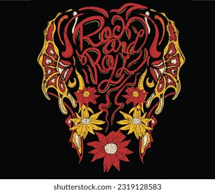 Heart typography rock and roll vector design. Flower music poster artwork. 