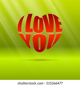 Heart typography, heart shape design for love symbols on green background with light rays.