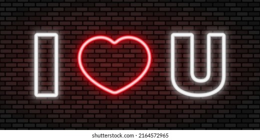 I heart U neon banner. Glowing red neon heart with white letters on dark brick wall. Best for polygraphy, print  and web design. EPS 10.