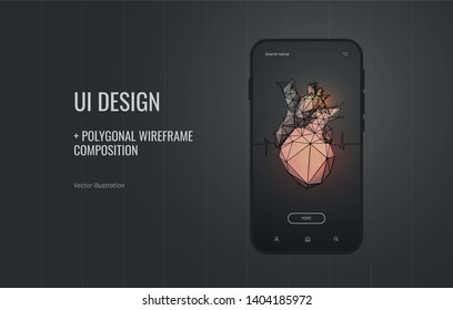 Heart. UI design for cardiologist. Сoncept for application design. Polygonal wireframe composition. Abstract isolated on black background. Particles are connected in a geometric silhouette. 