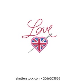 Heart, UK flag, Love, Valentine's Day, 14 February, Wedding. Design for cards, posters, t shirt, stickers. Embroidered patch with a Heart, Great Britain flag, cupid arrow, badge