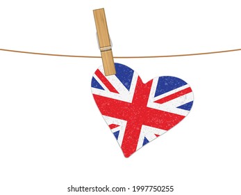 Heart UK flag on clothesline. Vector illustration on a white background.
