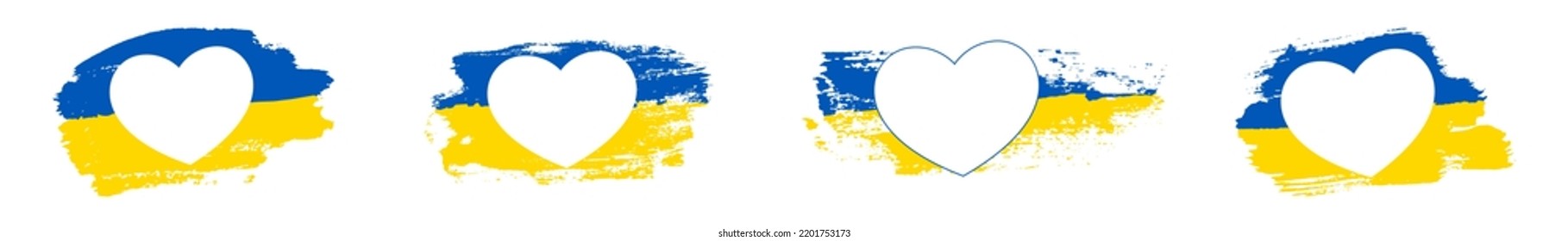 Heart Ukraine flag set isolated white background. Grunge hand draw pattern, stylized texture design. Symbol love, help and support ukrainian. Stop war, independence freedom symbol. Vector illustration