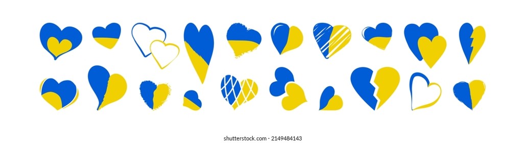 Herz Ukraine Fahne Vektorsymbol, blaue und gelbe Farben, ukrainischer Frieden und Liebe Set, Herz-handgezeichnet. Nationale Illustration
