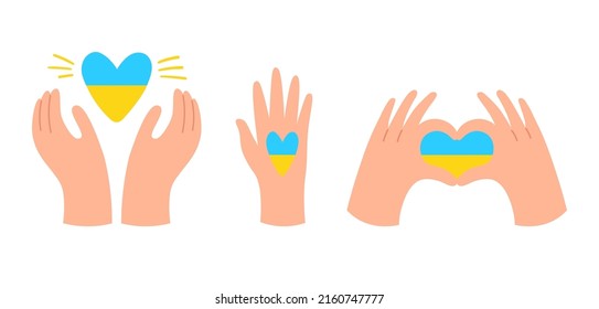 Heart for Ukraine. Support and assistance by hands. Heart help to Ukraine, peace of national yellow blue flag illustration, vector ukrainian symbol