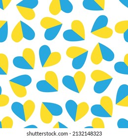 Patrón transparente de bandera ucraniana cardíaca, apoyo a Ucrania, símbolo azul-amarillo, patrón repetido en fondo blanco
