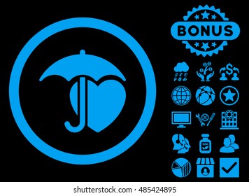 Heart Umbrella icon with bonus elements. Vector illustration style is flat iconic symbols, blue color, black background.