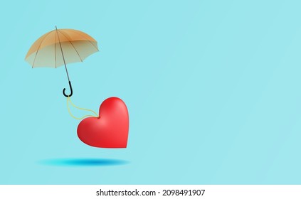 A heart, an umbrella on a blue background. Valentine's day. Vector illustration of a heart and an umbrella gone with the wind. Clipart for creativity.