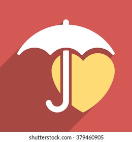 Heart Umbrella Protection long shadow vector icon. Style is a flat light symbol with rounded angles on a red square background.