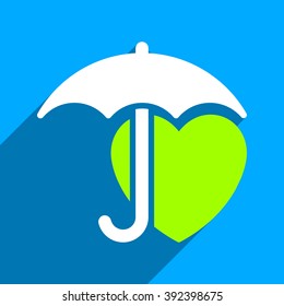 Heart Umbrella Protection long shadow vector icon. Style is a flat heart umbrella protection iconic symbol on a blue square background.