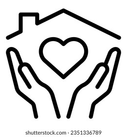 Heart under of home roof on hands line icon, social distancing concept, health protection sign on white background, pair of hands holding under roof in outline. Vector graphics.