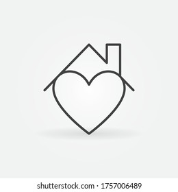 Heart Under House Roof Outline Icon -  Stay At Home Vector Concept Symbol Or Design Element