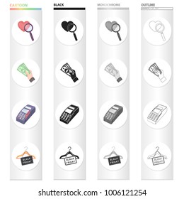 Heart under the magnifier, cash in hand, Friday sale, e-commerce purchase through the POS terminal. Purchase and sale, e-commerce set collection icons in cartoon black monochrome outline style vector