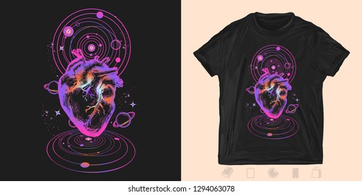 Heart in universe. Print for t-shirts and another, trendy apparel design. Symbol of love, philosophy, psychology, imagination, dream 