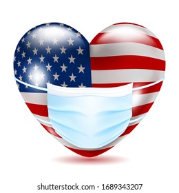 Heart in the US flag colors with a medical mask for protection from coronavirus