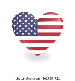 Heart with USA flag on a white background casts a shadow, vector