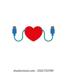 Heart with usb connector and cable. Isolated vector icon on white background.