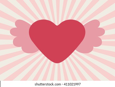 Heart valentine with wings over pink burst vector background, illustration design