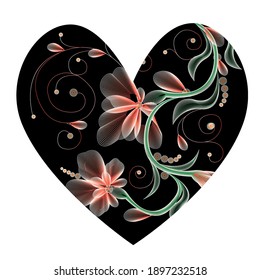 Heart for Valentine's Day. It is black, inside there are bright abstract daisies in the outline style in pink and green. Stock vector illustration isolated on a white background.