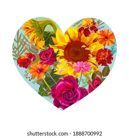 Flower’s heart. Valentine's Day card. Red roses, orange, yellow sunflowers, tagetes, daisy flowers, buds, leaves. Autumn background. Digital draw, design concept, watercolor style, vector