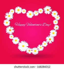 Heart Valentines day card with white daisies in pink background