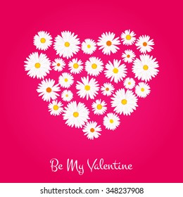 Heart Valentines day card with white daisies on pink background