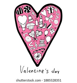 The heart of Valentine's Day with a Doodle in the style of handmade items and holiday decor.Background for printing a brochure, poster, party, vintage textile design, postcard, fabric, wallpaper or pa