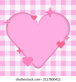 Heart Valentinstag Form Frame Border Pink Pastellfarben Abstrakte 3D-Schicht-Papierkarte Schachbrettmuster Gingham Square Hintergrund Crop Web-Banner Marketing-Werbung Vorlage Freier Leerraum
