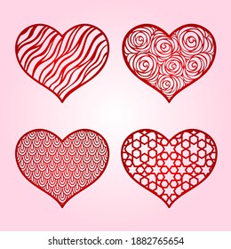 Heart. Valentine's Day. Vector set stencils. Paper cut templates with carved pattern. Card, wedding invitations. Decorative holidays symbol. For laser, plotter cutting, printing on t shirts.