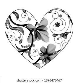 Heart for Valentine's Day. It is white, monograms are drawn inside, leaves and flowers are painted in black outline style. Stock vector illustration isolated on white background.