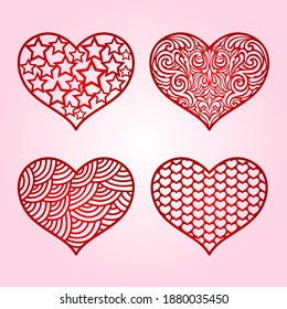 Heart. Valentine's Day.Vector set. Paper cut templates with carved patterns. Card, wedding invitations. Decorative holiday love symbol. Stencils for laser, plotter cutting, printing on t shirts.