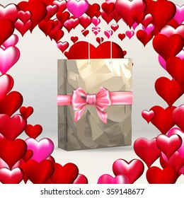 heart valentines, greeting template, gift packing ribbon on gift paper grocery bag, eco bag