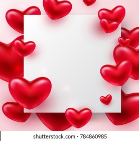 Heart Valentines red balloon elements with post note background. Vector symbols of love in shape of heart and blank paper memo template for Happy Women, Valentine's Day, birthday greeting card design.