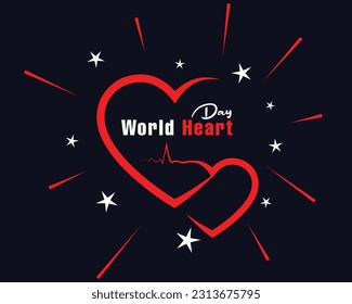 Heart vector with 29 September World Heart day vector , two heart on dark blue background with stars and red sticks.