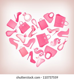 Heart vector background with bags, shoes and perfume. Elements are separated layer in vector Eps10 file. Part of set. Vector art.