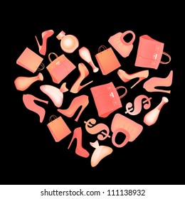 Heart vector background with bags, shoes and perfume. Elements are separated layer in vector Eps10 file. Part of set. Vector art.