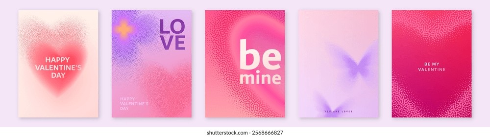 Heart vector background set for Valentines day. Love pattern with gradient noise hearts, butterfly, flower. Geometric blur romance minimal banner. Modern grainy abstract art in pink, light red color.