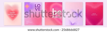 Heart vector background set for Valentines day. Love pattern with gradient noise hearts, butterfly, flower. Geometric blur romance minimal banner. Modern grainy abstract art in pink, light red color.