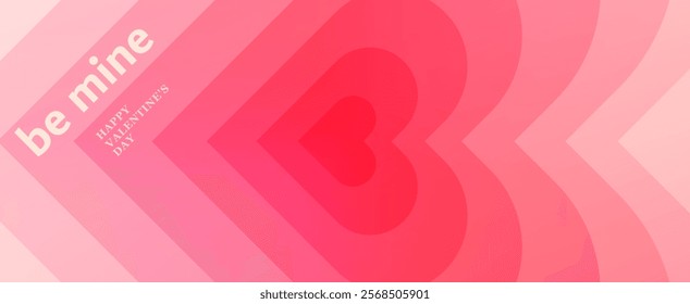 Heart vector background for Valentines day. Love pattern with overlay gradient hearts. Geometric romance minimal banner. Modern romantic abstract art in pink, light red color. Be mine text.