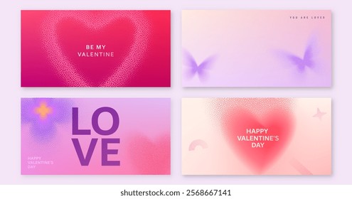 Heart vector banner set for Valentines day. Love pattern with gradient noise hearts, butterfly, flower. Geometric blur romance minimal banner. Modern grainy abstract art in pink, light red color.