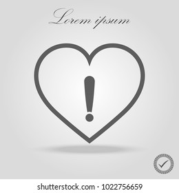Heart vector black icon, Love symbol. exclamation mark in heart. Valentines day sign, emblem, Flat style for web design, logo. Cute danger sign
