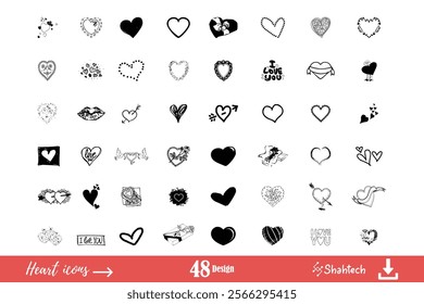 Heart vector Bundle. Collection of  silhouette heart icons. Retro Valentine Eps design featuring charming doodle hearts, cupid, and coquette elements in a aesthetic style. Perfect for Valentine. 