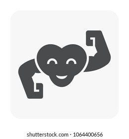 Heart vector cartoon character icon consist of heart body, hand, arm and muscle. To strong, good health, healthy and power from love and care by nutrition, exercise or workout by fitness and sport.
