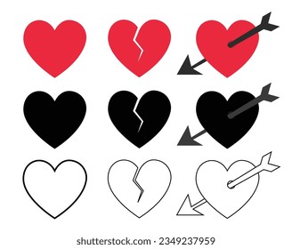 Heart vector. Collection of heart illustrations, Love symbol icon set, love symbol vector. Red heartbreak broken heart or divorce flat vector icon for apps and websites